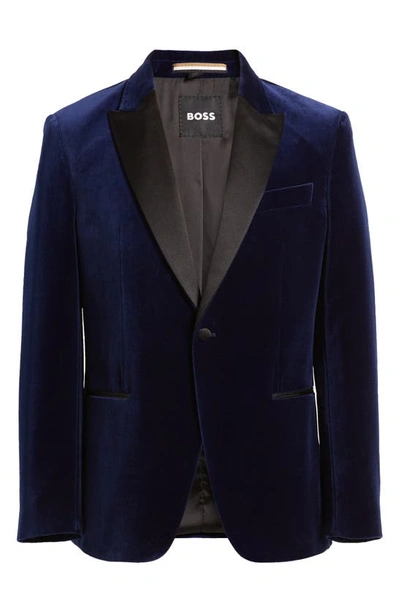 Shop Hugo Boss Hutson Silk Blend Velvet Dinner Jacket In Dark Blue