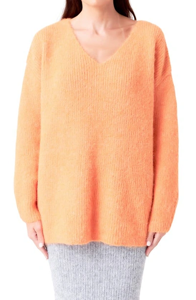 Shop Endless Rose Fuzzy V-neck Rib Sweater In Clementine