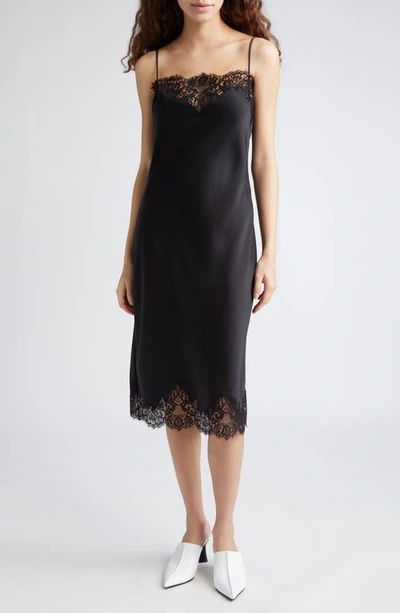 Shop Stella Mccartney Iconic Lace Trim Double Face Satin Dress In 1000 - Black