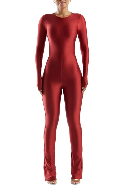 Shop Naked Wardrobe Long Sleeve Bootcut Jumpsuit In Red