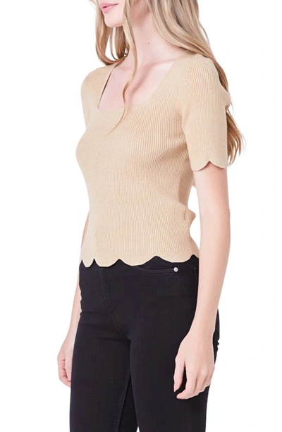 English Factory Scallop Hem Square Neck Rib Sweater In Taupe
