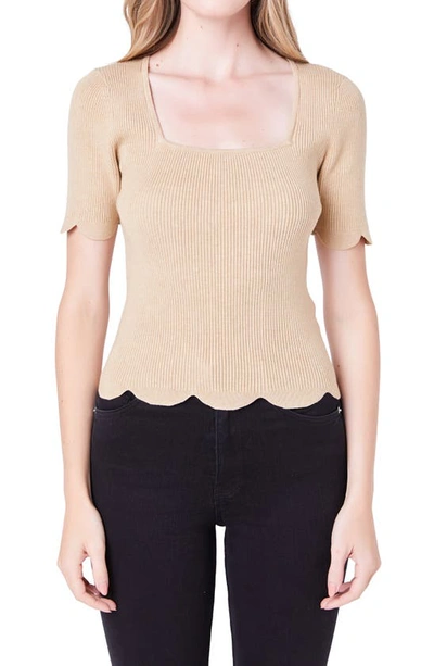 English Factory Scallop Hem Square Neck Rib Sweater In Taupe