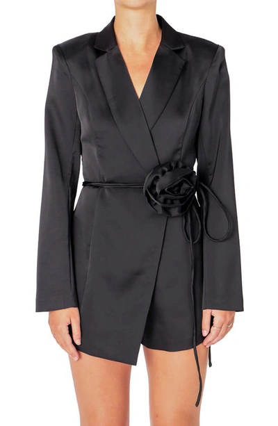 Endless Rose Corsage Tie Long Sleeve Romper In Black