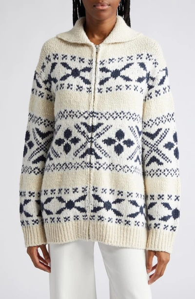 Shop Vince Fair Isle Zip-up Silk Cardigan In Light White Sand/ Washed