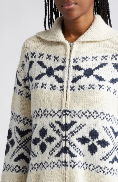 Shop Vince Fair Isle Zip-up Silk Cardigan In Light White Sand/ Washed