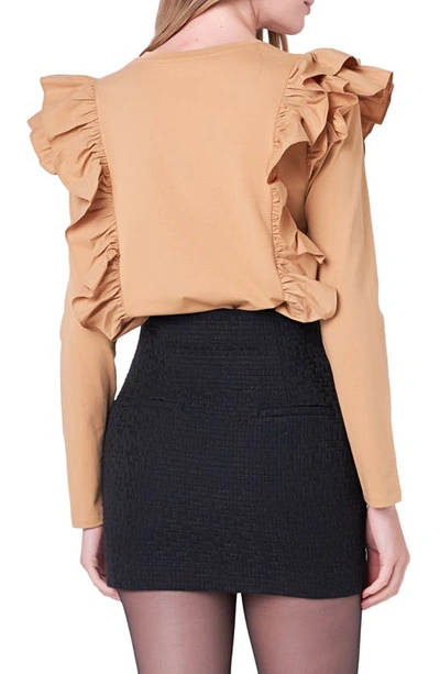 Shop English Factory Poplin Ruffle Trim Shirt In Tan