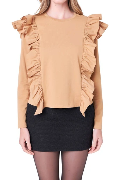 Shop English Factory Poplin Ruffle Trim Shirt In Tan