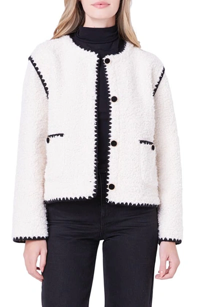 Shop English Factory Premium Contrast Trim Faux Shearling Jacket In Ivory/ Black