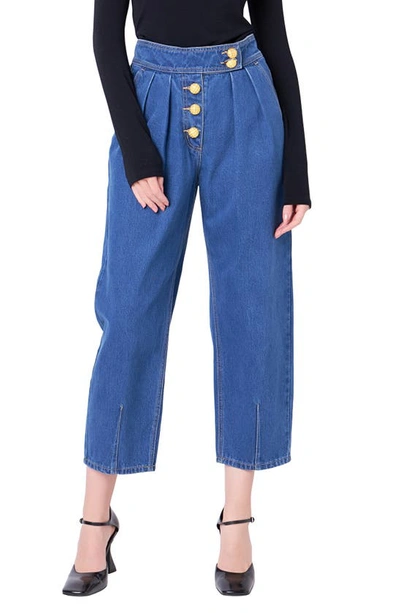 Shop English Factory Premium Pleated Crop Wide Leg Denim Trousers In Dark Denim