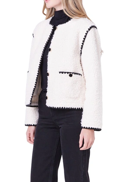 Shop English Factory Premium Contrast Trim Faux Shearling Jacket In Ivory/ Black
