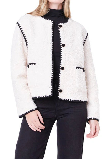 Shop English Factory Premium Contrast Trim Faux Shearling Jacket In Ivory/ Black