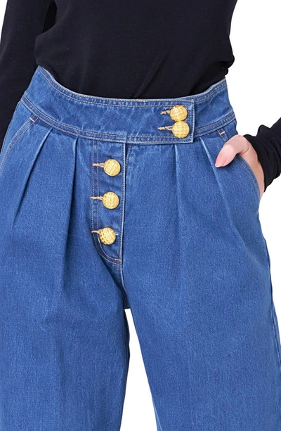 Shop English Factory Premium Pleated Crop Wide Leg Denim Trousers In Dark Denim