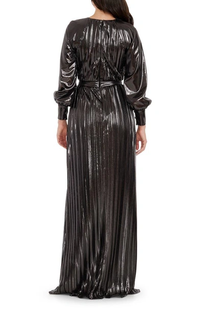 Dress The Population Calista Metallic Jacquard Stripe Long Sleeve Gown In Gunmetal