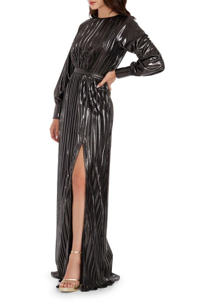 Dress The Population Calista Metallic Jacquard Stripe Long Sleeve Gown In Gunmetal