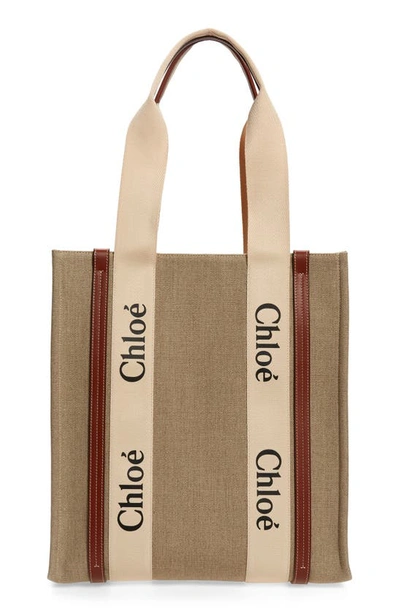 Shop Chloé Woody Linen North/south Tote In Sepia Brown 27s