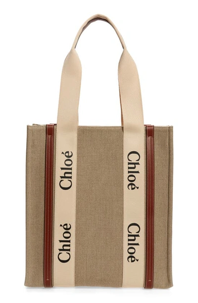 Shop Chloé Woody Linen North/south Tote In Sepia Brown 27s