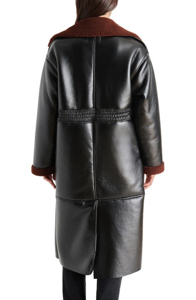 Shop Steve Madden Kinzie Fleece Lapel Double Breasted Faux Leather Coat In Black