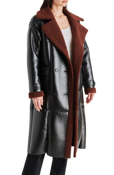 Steve Madden Kinzie Fleece Lapel Double Breasted Faux Leather Coat In Black