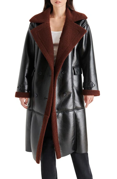 Shop Steve Madden Kinzie Fleece Lapel Double Breasted Faux Leather Coat In Black