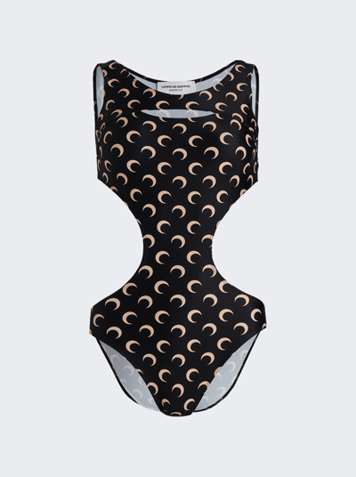 Shop Marine Serre One-piece Swimsuit In Black With Tan Moon Print