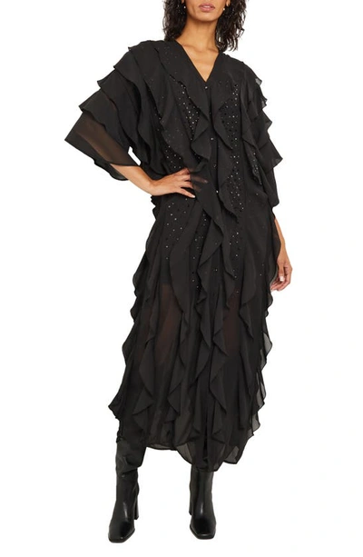 Shop Misook Embellished Tiered Ruffle Chiffon Maxi Dress In Black