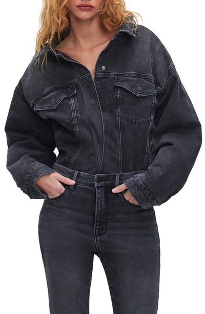 Shop Good American Cotton Denim Trucker Jacket In Black281