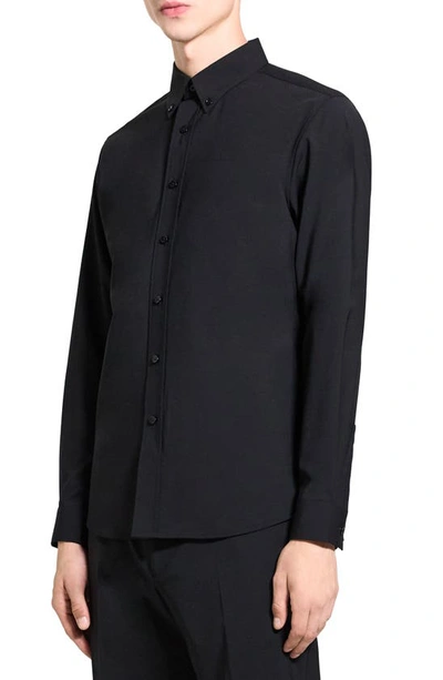 Shop Theory Hugh Stretch Virgin Wool Button-down Shirt In Black