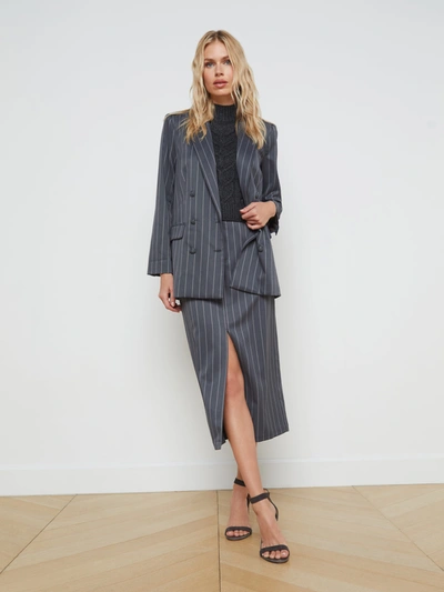 Shop L Agence Aimee Blazer In Charcoal Grey Pinstripe/multi Safari Scenic