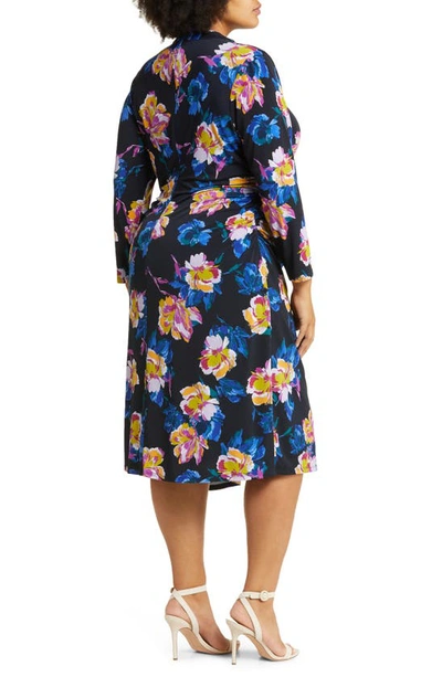 Shop Maggy London Floral Print Ruched Mock Neck Long Sleeve Dress In Midnight Blue