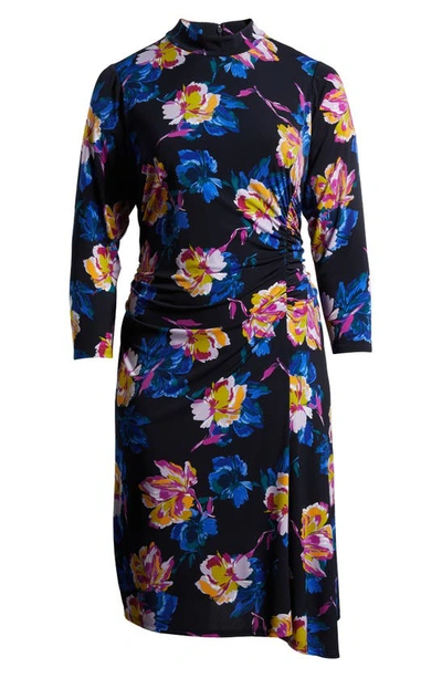 Shop Maggy London Floral Print Ruched Mock Neck Long Sleeve Dress In Midnight Blue