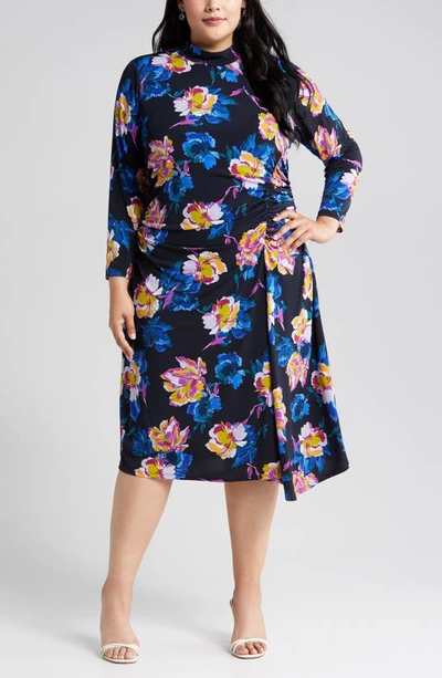 Shop Maggy London Floral Print Ruched Mock Neck Long Sleeve Dress In Midnight Blue