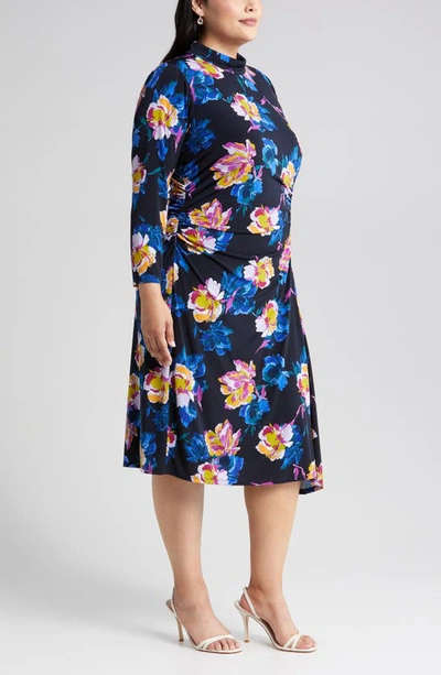 Shop Maggy London Floral Print Ruched Mock Neck Long Sleeve Dress In Midnight Blue