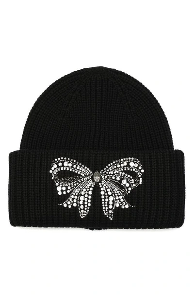 Shop Kurt Geiger London Crystal Bow Beanie In Black