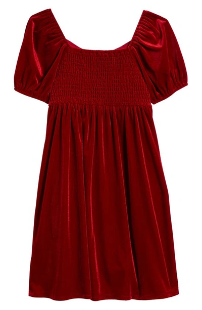 Shop Walking On Sunshine Kids' Puff Sleeve Velvet Dress In Red