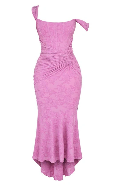 House Of Cb Cesca Floral Ruched High-low Corset Dress In Warm Pink