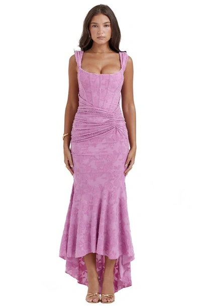 House Of Cb Cesca Floral Ruched High-low Corset Dress In Warm Pink