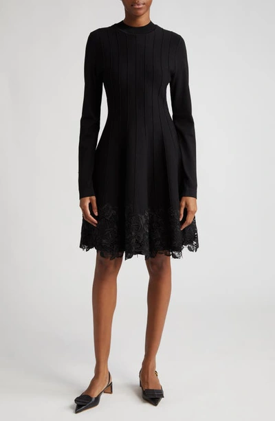 Shop Lela Rose Georgia Lace Detail Long Sleeve Sweater Dress In Black