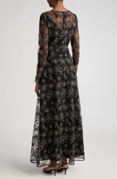 Shop Lela Rose Floral Embroidery Long Sleeve Gown In Black