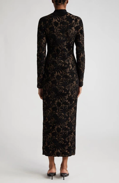 Shop Lela Rose Metallic Floral Long Sleeve Midi Dress In Black