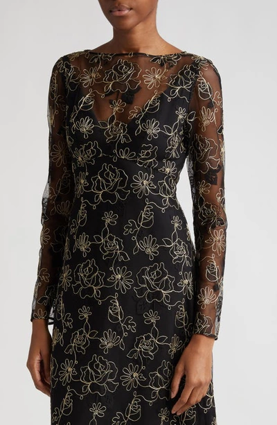 Shop Lela Rose Floral Embroidery Long Sleeve Gown In Black