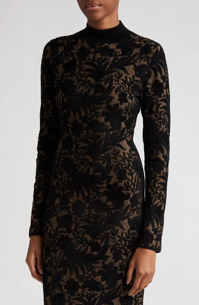 Shop Lela Rose Metallic Floral Long Sleeve Midi Dress In Black