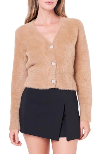 Shop English Factory Pearly Heart Button Sweater In Camel