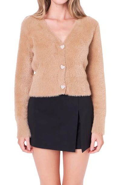 Shop English Factory Pearly Heart Button Sweater In Camel