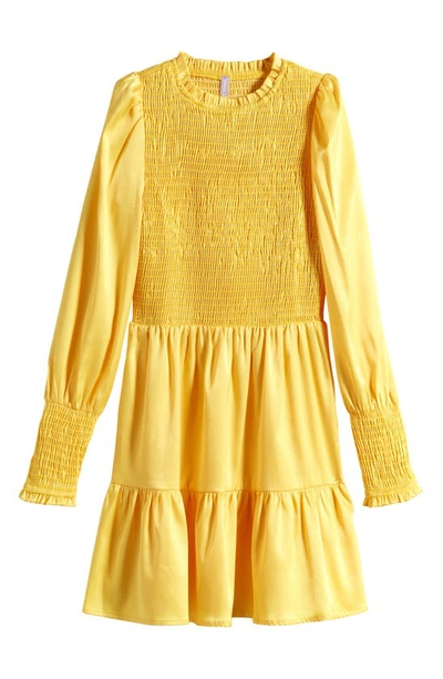 Shop Good Luck Girl Kids' Smocked Long Sleeve Tiered Satin Dress In Yellow