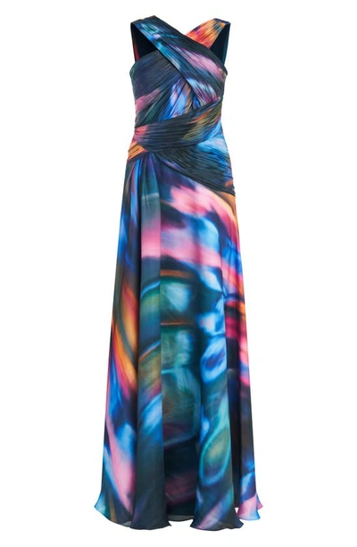 Shop Theia Stacy Abstract Print Crossover Neck Faux Wrap Gown In Luminous Wings