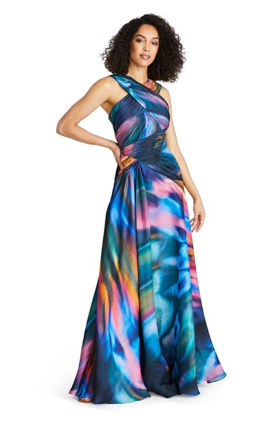 Shop Theia Stacy Abstract Print Crossover Neck Faux Wrap Gown In Luminous Wings