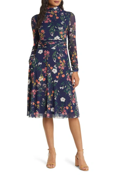 Shop Eliza J Floral Long Sleeve Mesh Dress In Navy Multi