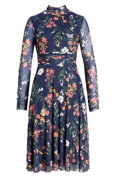 Shop Eliza J Floral Long Sleeve Mesh Dress In Navy Multi