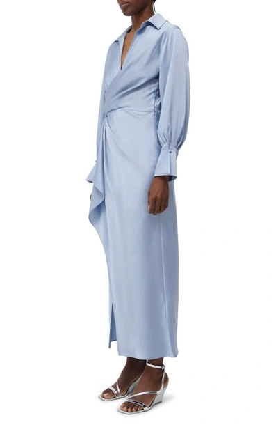 Shop Simkhai Talita Drapey Long Sleeve Satin Shirtdress In Marina Blue