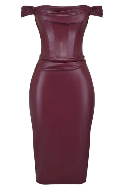 House Of Cb Raven Off The Shoulder Faux Leather Dress In Mulberry